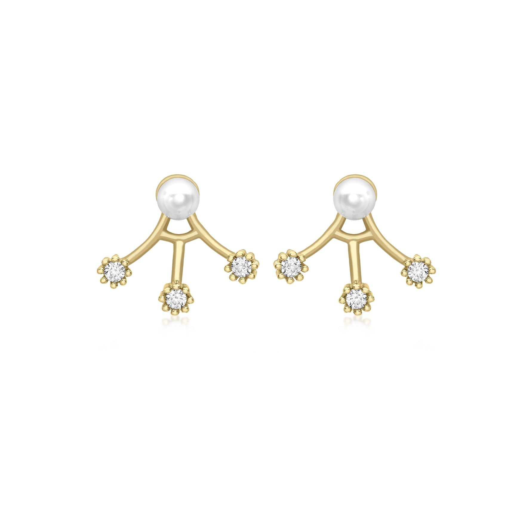 Elegant 9ct Yellow Gold CZ & Pearl Fan Jack Earrings