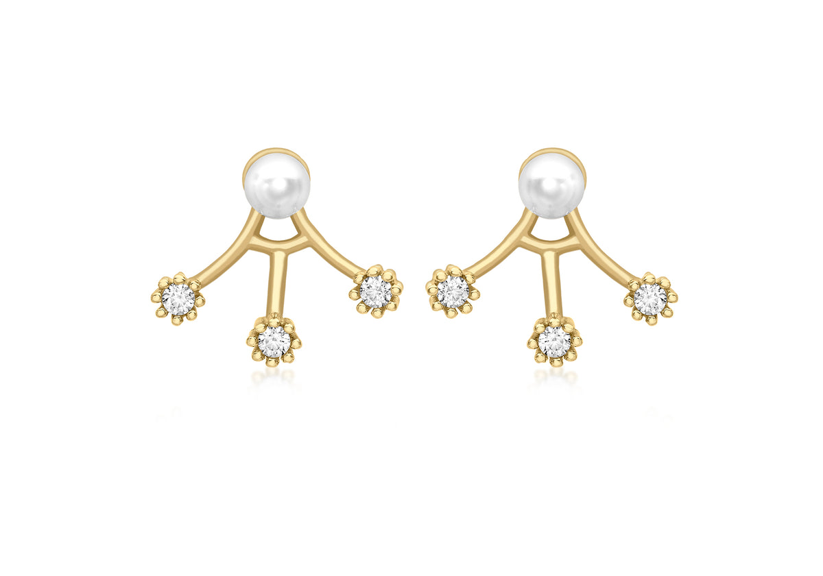 Elegant 9ct Yellow Gold CZ & Pearl Fan Jack Earrings