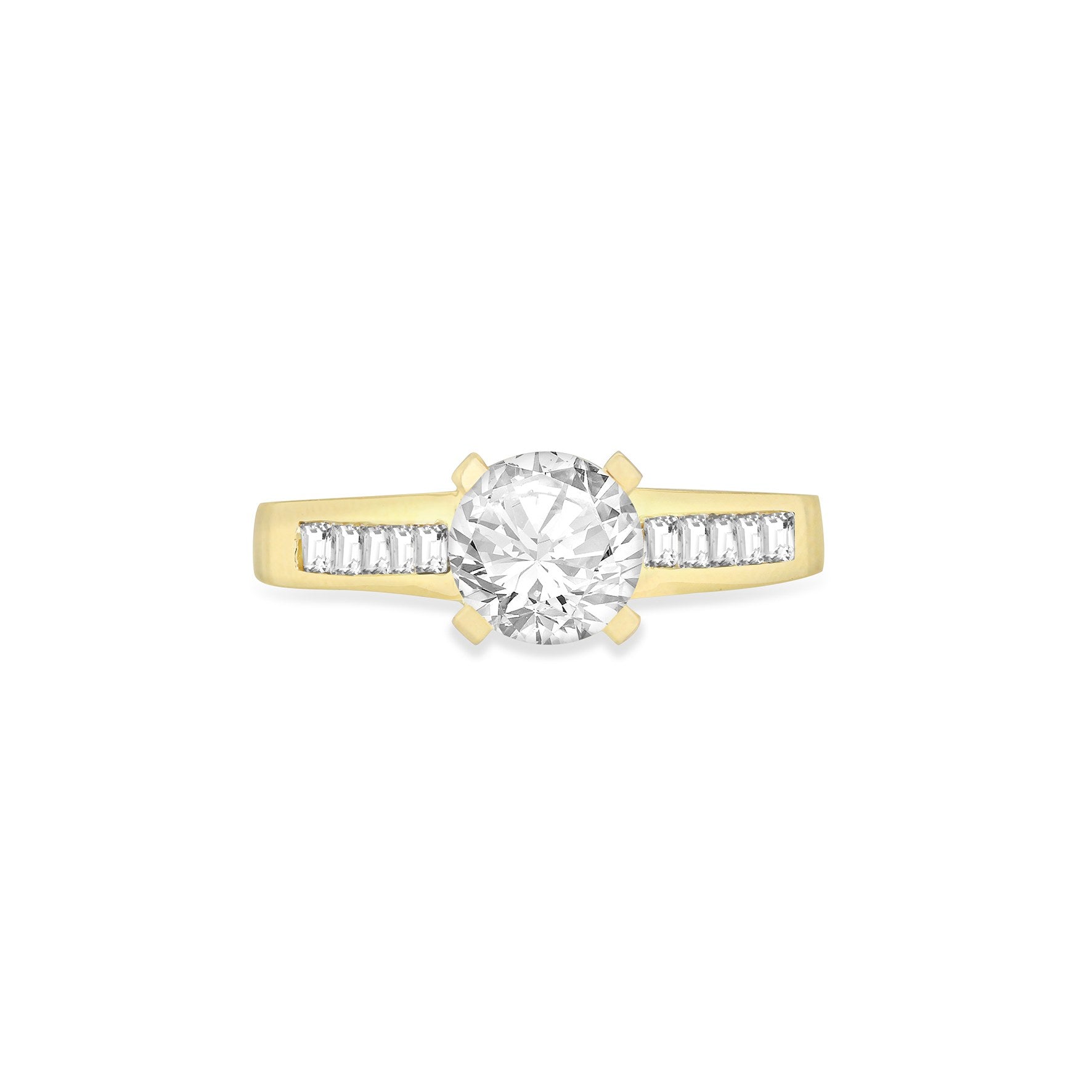 9k Yellow Gold Solitaire Cubic Zirconia & Baguette Cubic Zirconia Shoulder Ring
