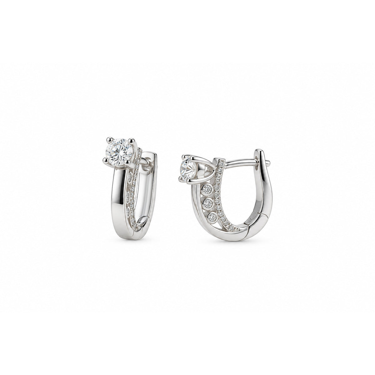 18ct White Gold Earrings with One Diamond at Front and Diamonds at Sides