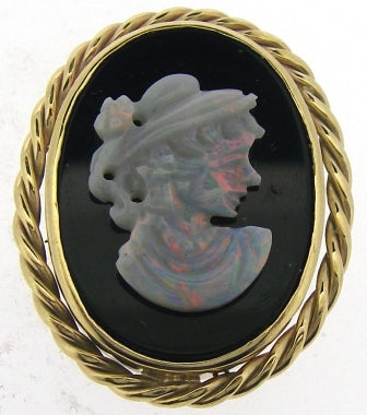 Vintage 9ct Yellow Gold Twist Design Brooch with Black Onyx and Opal Cameo