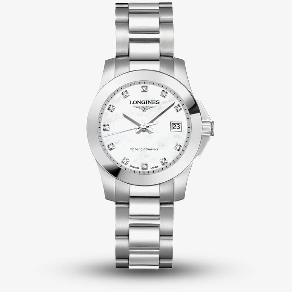 Longines Ladies Conquest Quartz Watch 29.5mm White Mother of Pearl Dial with Diamond Hour Markers