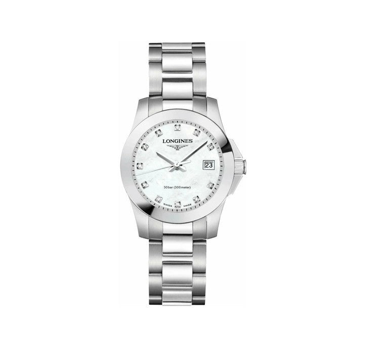 Longines Ladies Conquest Quartz Watch 29.5mm White Mother of Pearl Dial with Diamond Hour Markers