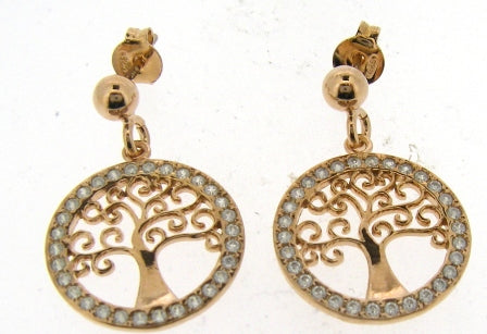 Sterling Silver Rose Gold Plated 'Tree of Life' CZ Drop Earrings
