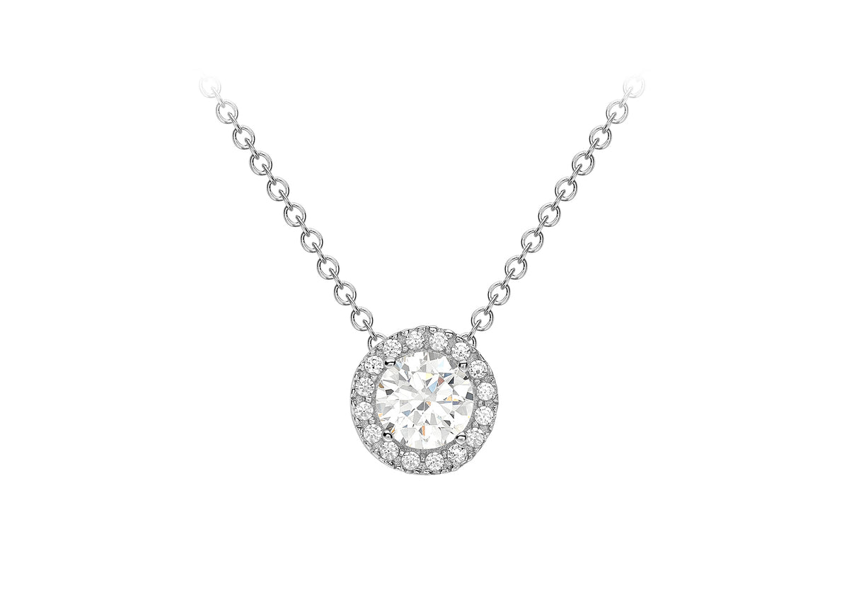 9ct White Gold Cubic Zirconia Halo Pendant & Chain 18'