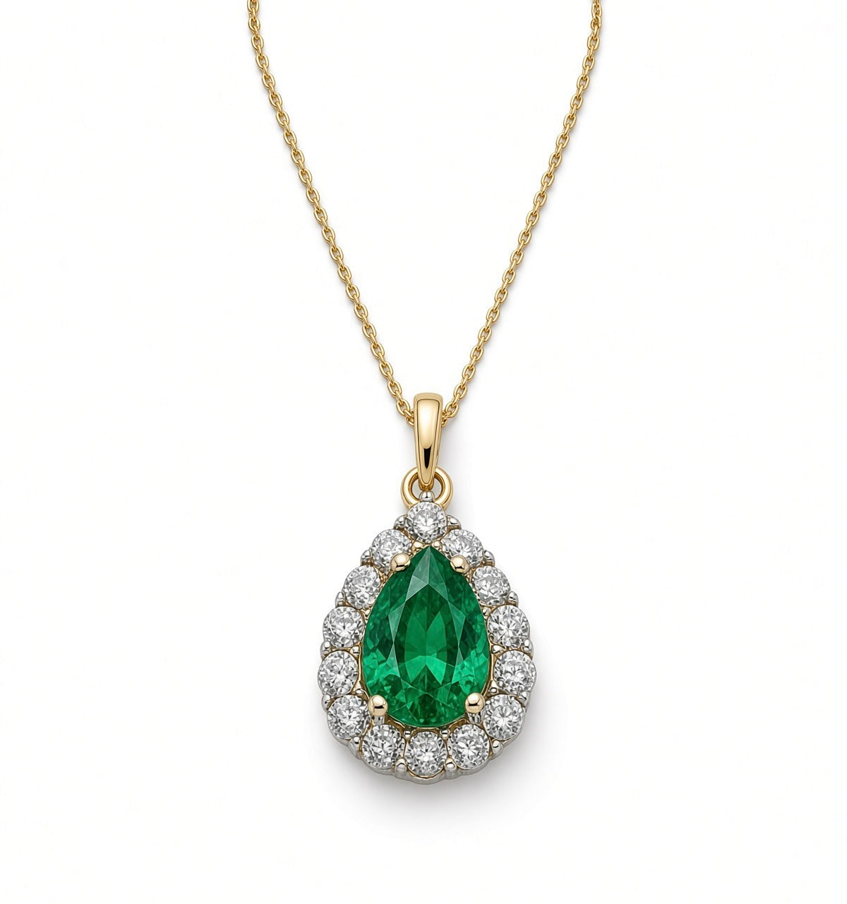 9ct Yellow Gold Pear Shape Created Emerald & Cubic Zirconia Halo Pendant 17-18"