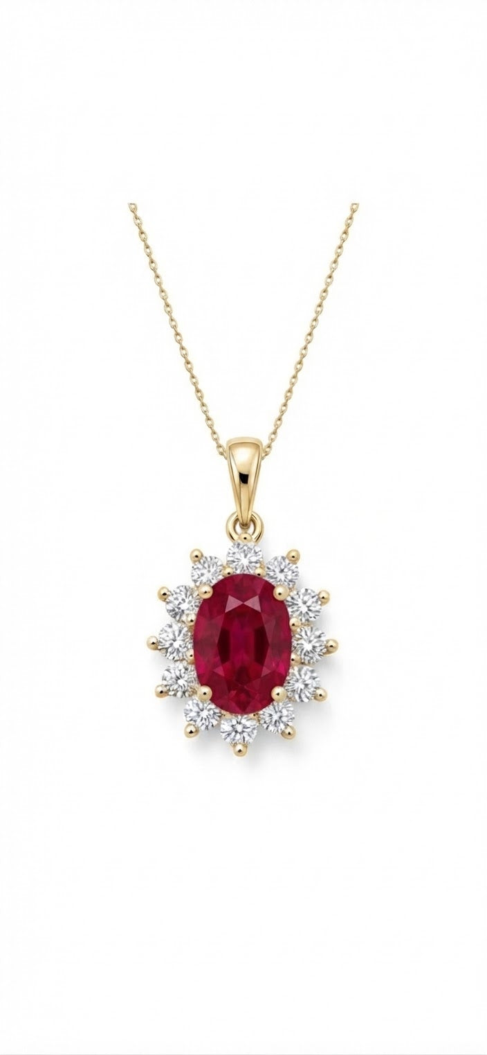 9ct Yellow Gold Created Ruby & Cubic Zirconia Pendant 17-18"