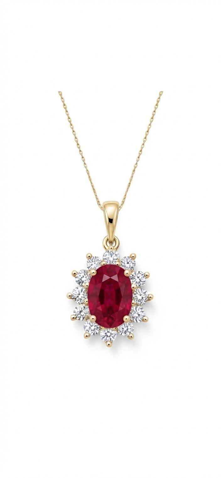 9ct Yellow Gold Created Ruby and Cubic Zirconia Cluster Pendant 17-18"