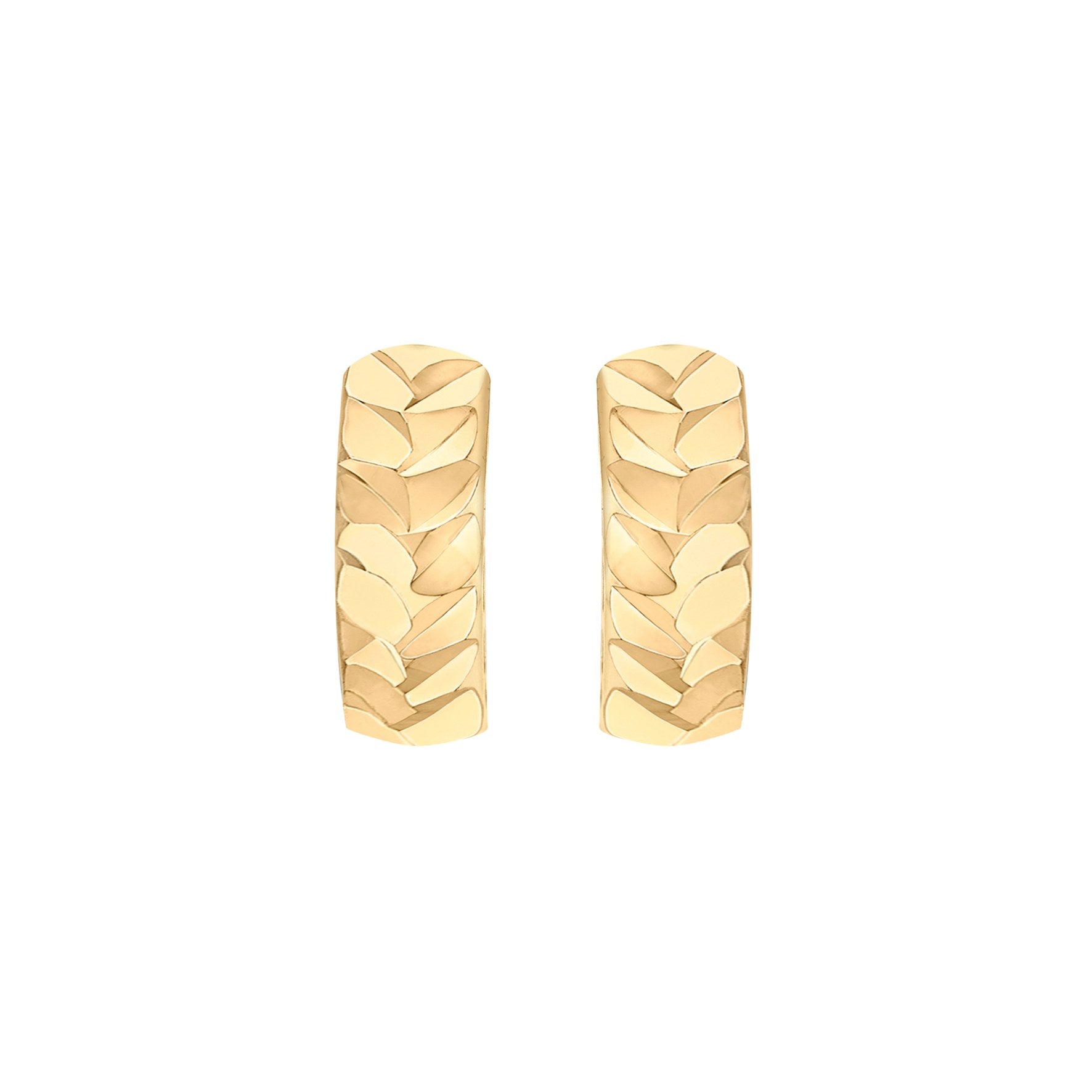 9ct Yellow Gold Diamond Cut Leaf Hoop Earrings 12.5mm