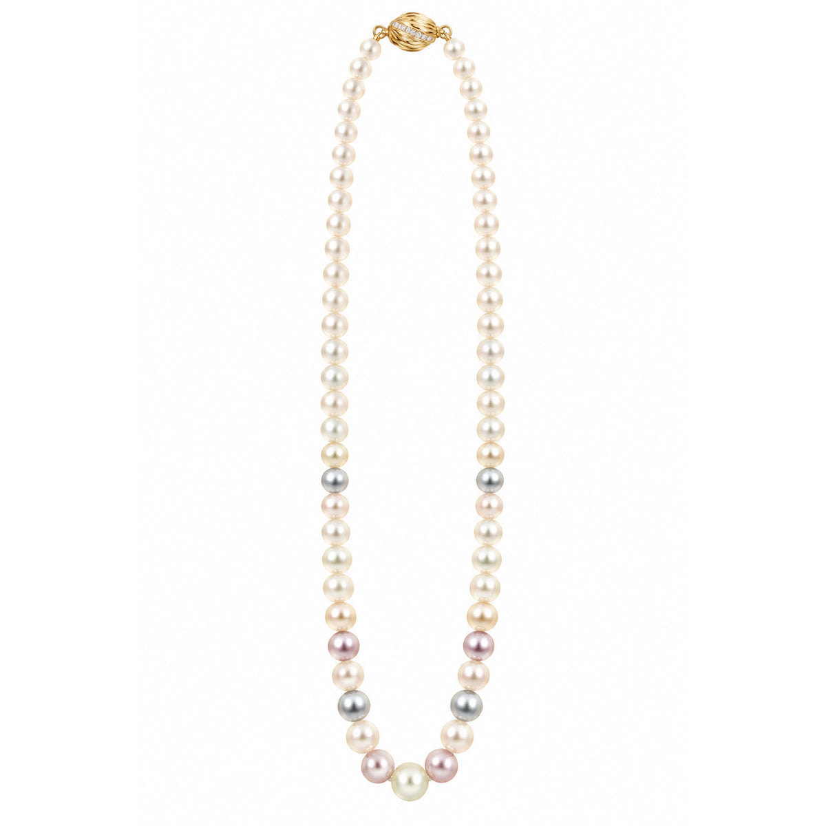 Graduated Mixed Colour Cultured Akoya Pearl Necklace in 9ct Yellow Gold