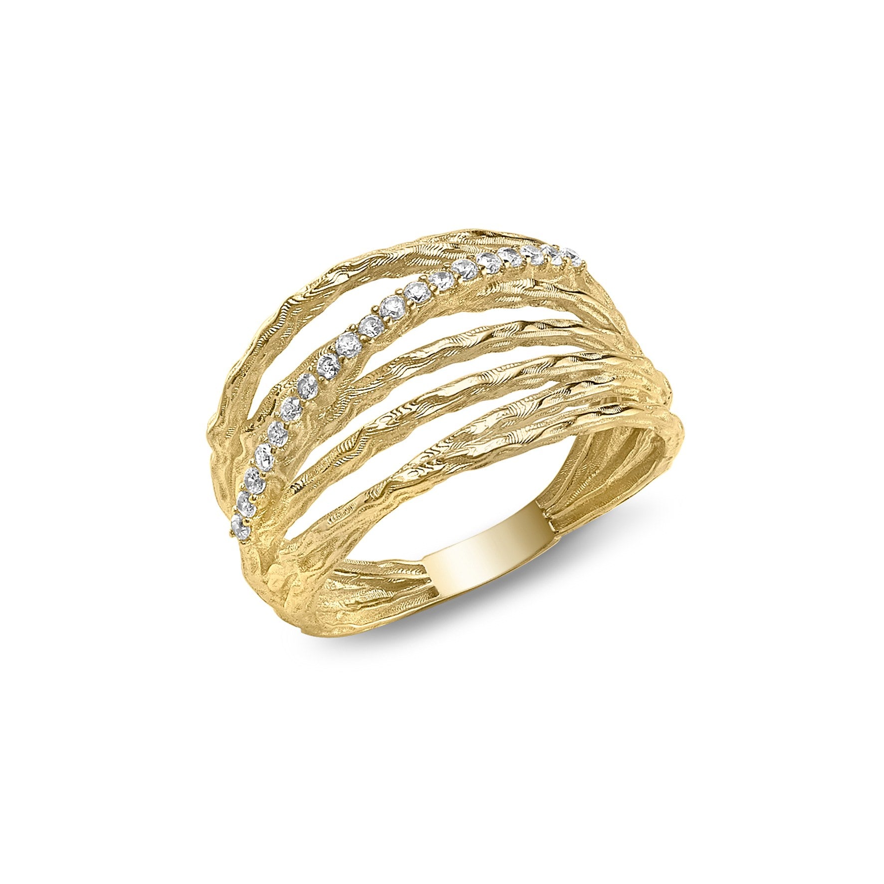 9ct Yellow Gold Diamond Cut & Cubic Zirconia 5 Band Crossover Ring