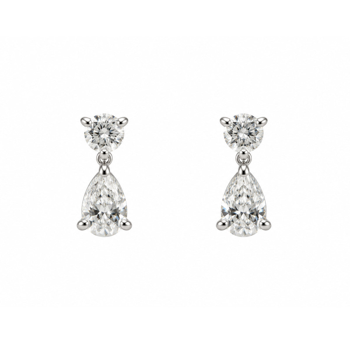 18ct White Gold Pear And Round Brilliant Diamond Drop Earrings