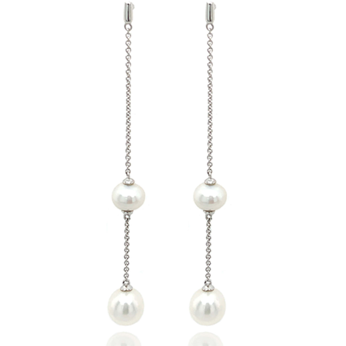 Elegant 9ct White Gold Double Cultured Pearl Chain Drop Earrings