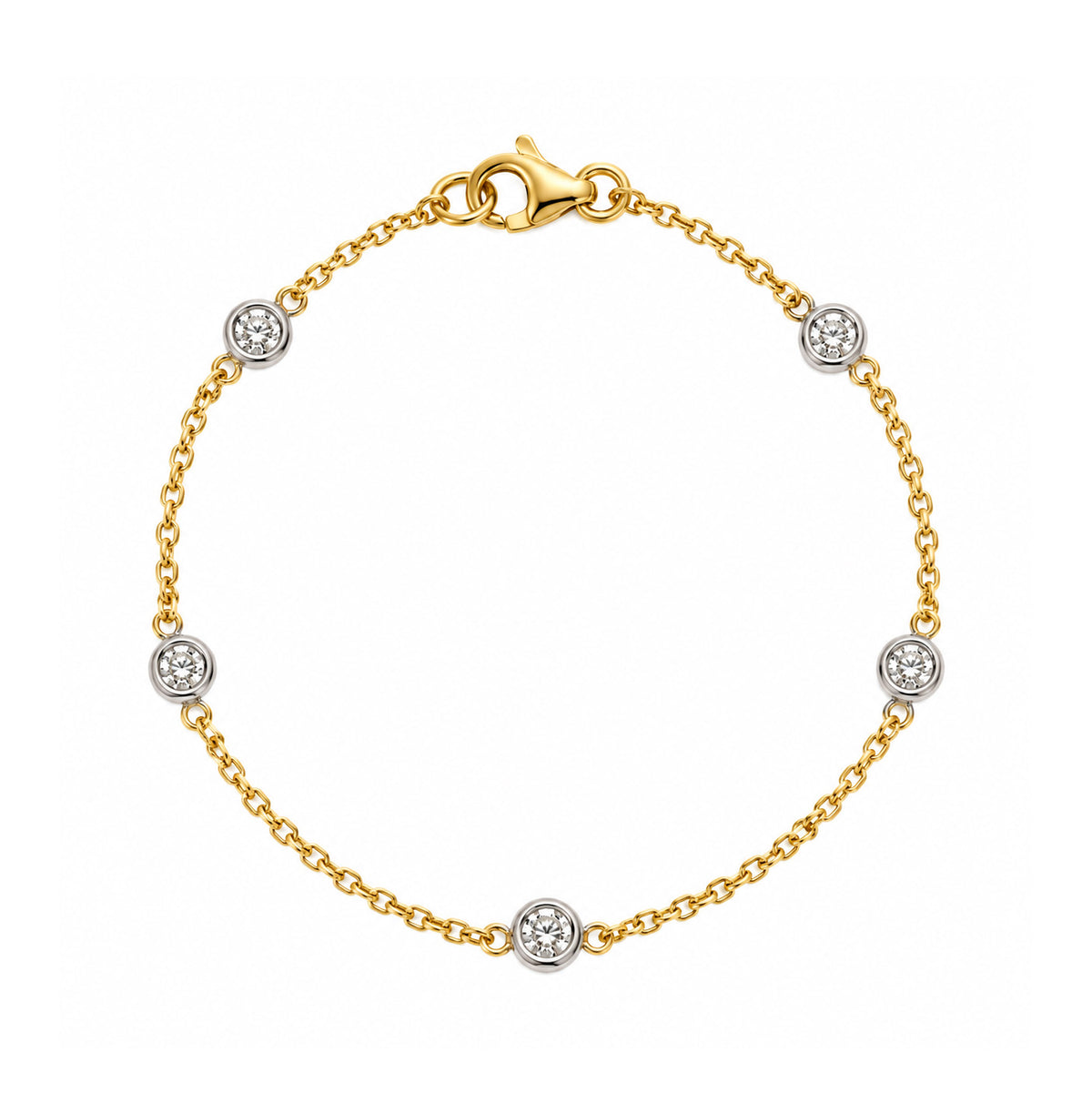 18ct Yellow Gold Bracelet With 6 Round Brilliant Diamonds Rubover Set In White Gold