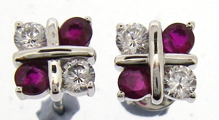 9ct White Gold CZ and Ruby Noughts and Crosses Stud Earrings