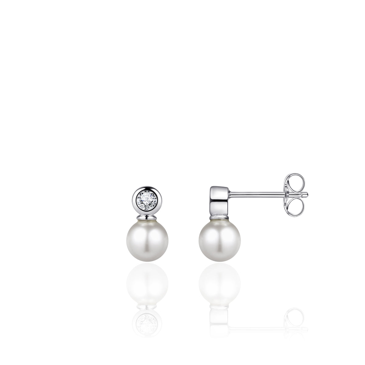 Sterling Silver Synthetic Pearl & CZ Rubover Set Earrings