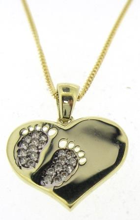 9ct Yellow Gold Heart Pendant with Cubic Zirconia Baby Feet