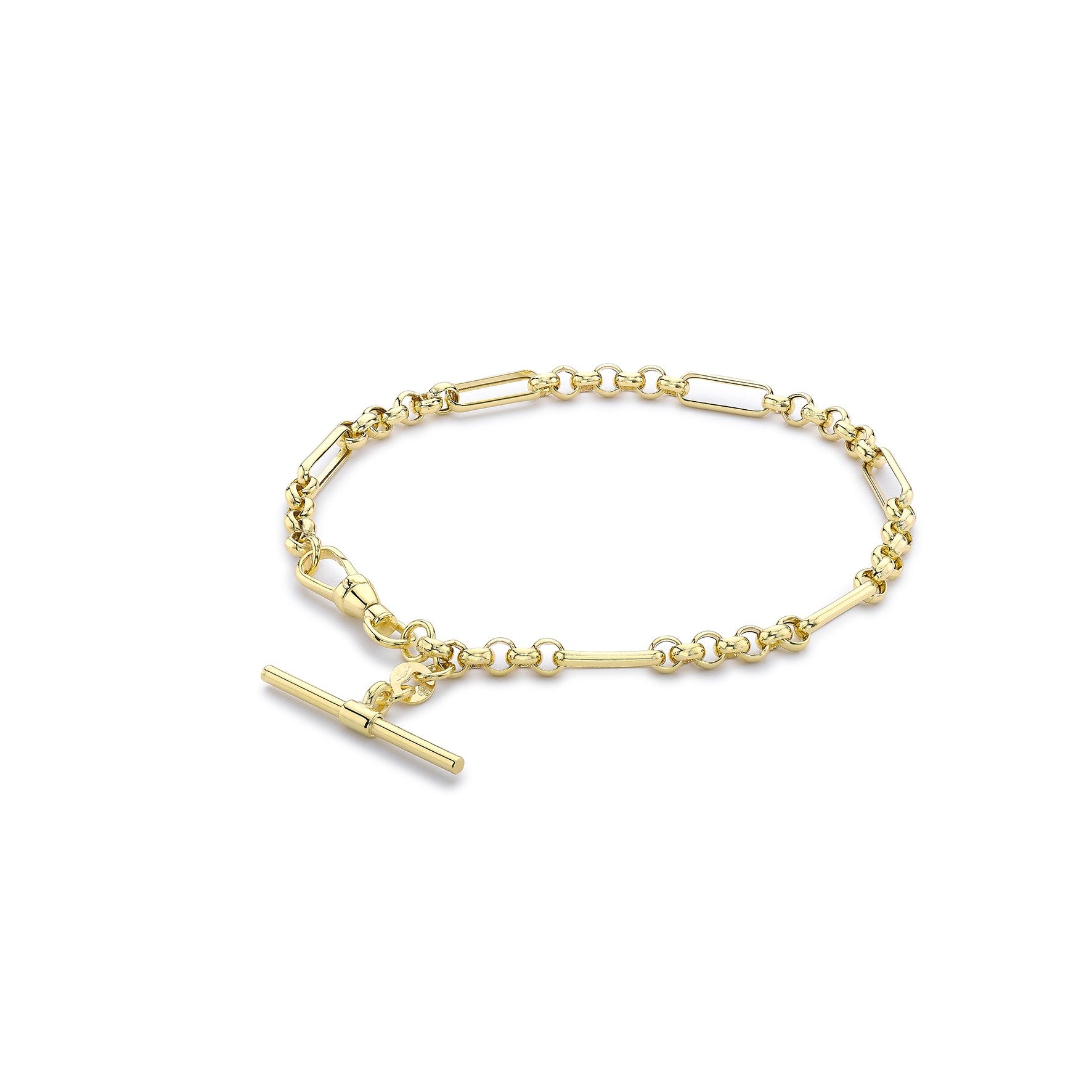 9ct Yellow Gold Figaro Belcher Chain T-Bar Bracelet with Albert Clasp 7.5 Inch