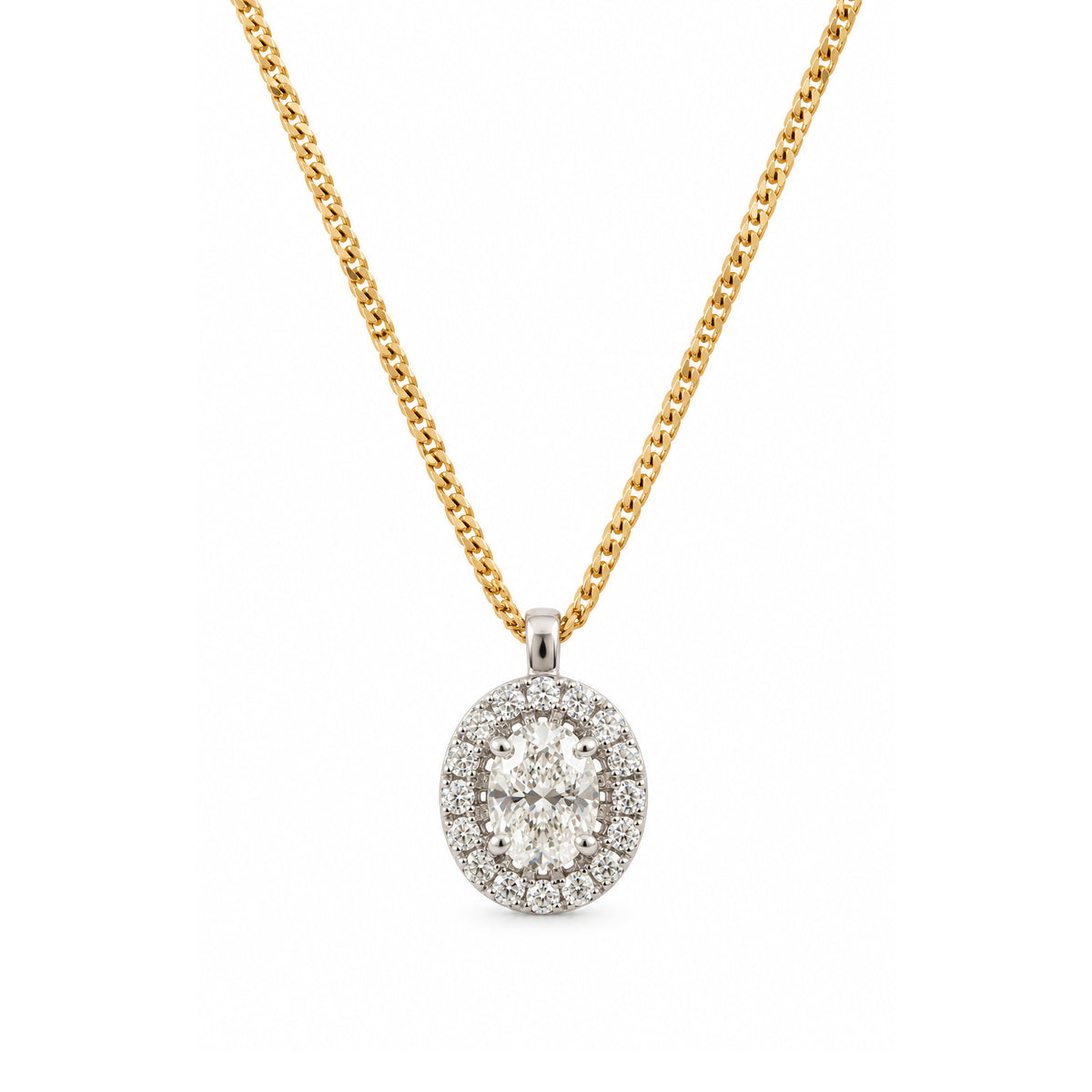18ct White Gold Oval Centre Diamond And Round Brilliant Halo Pendant With 18ct Yellow Gold Chain