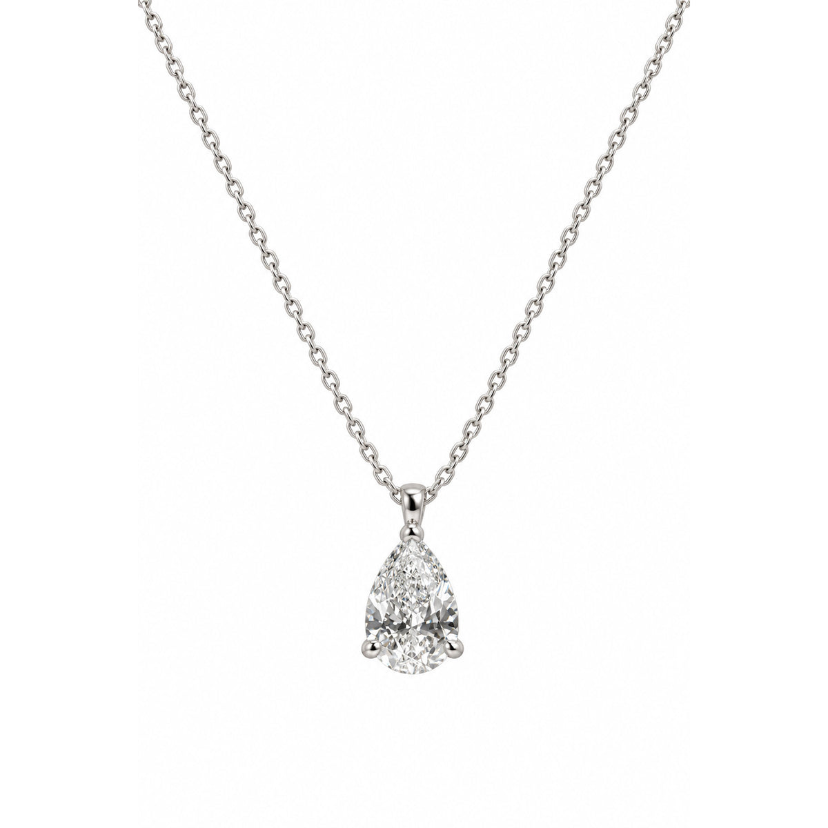 18ct White Gold Pear Cut 3 Claw Diamond Pendant With Chain