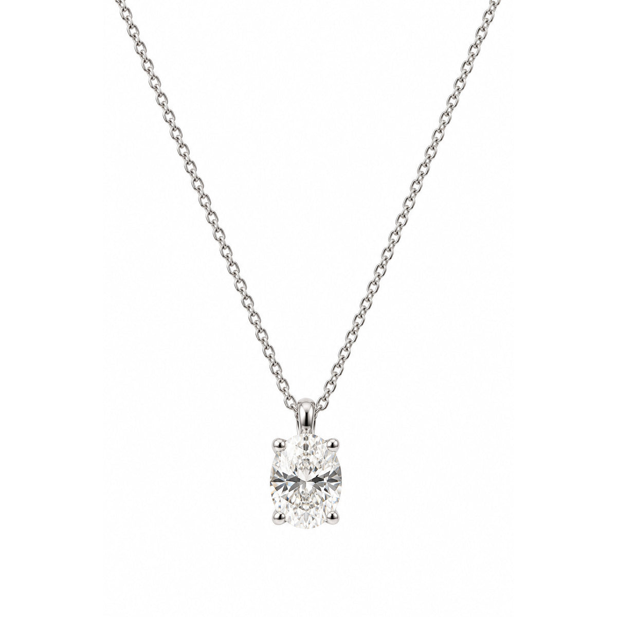 18ct White Gold Oval 4 Claw Diamond Pendant With Chain