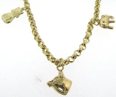 Vintage 9ct Yellow Gold Round Belcher Link Bracelet With Cat,Elephant And Horse Head Charm 8'
