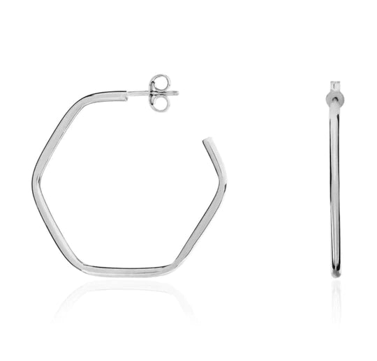 9ct White Gold Hexagon Hoop Earrings