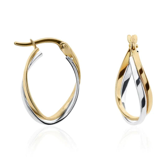 9ct Two Tone White and Yellow Gold Two Row Oval Crossover Hoop Earrings