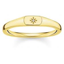 Thomas Sabo Yellow Gold Plated Sterling Silver Star Signet Ring with Cubic Zirconia