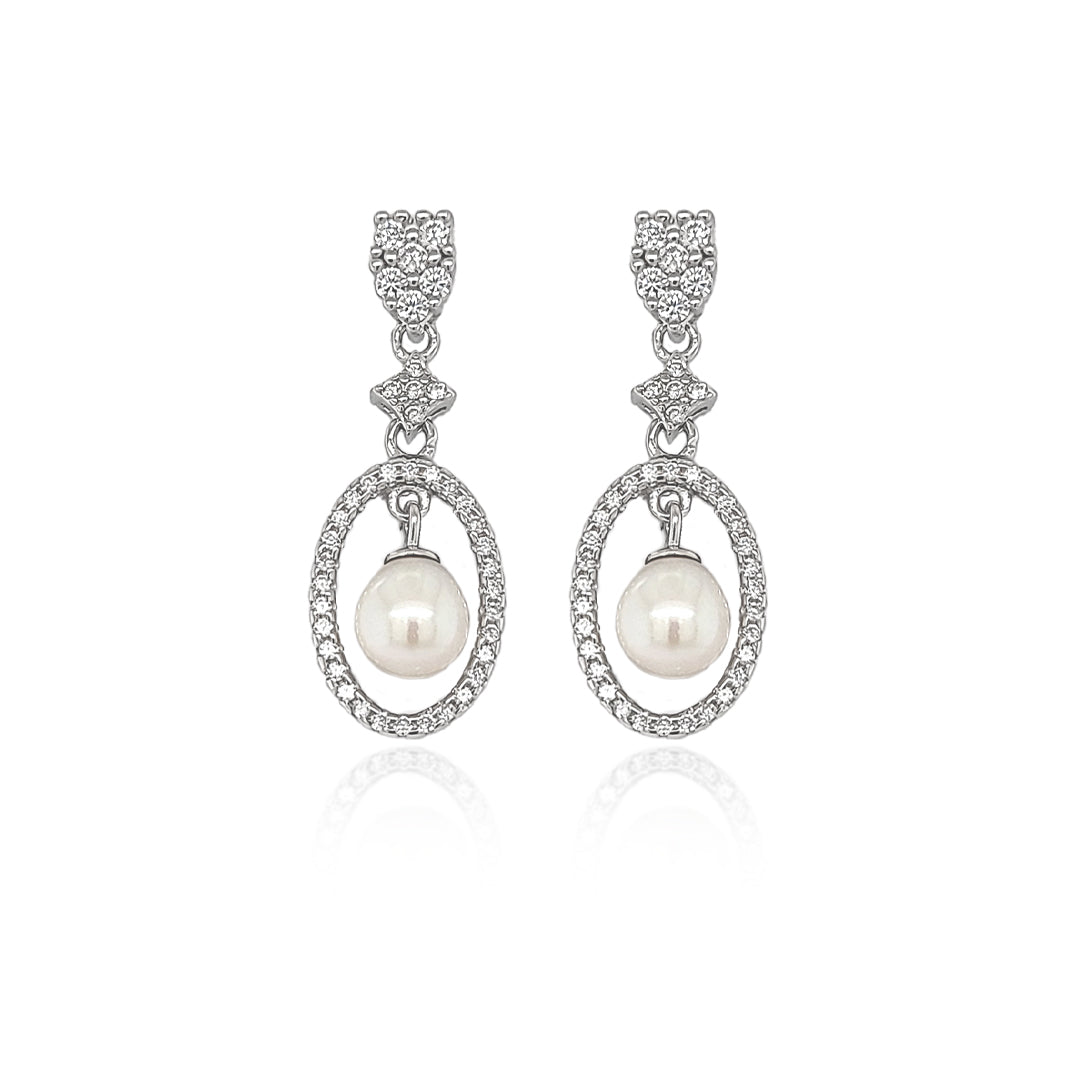 Sterling Silver CZ Drop Pearl Earrings