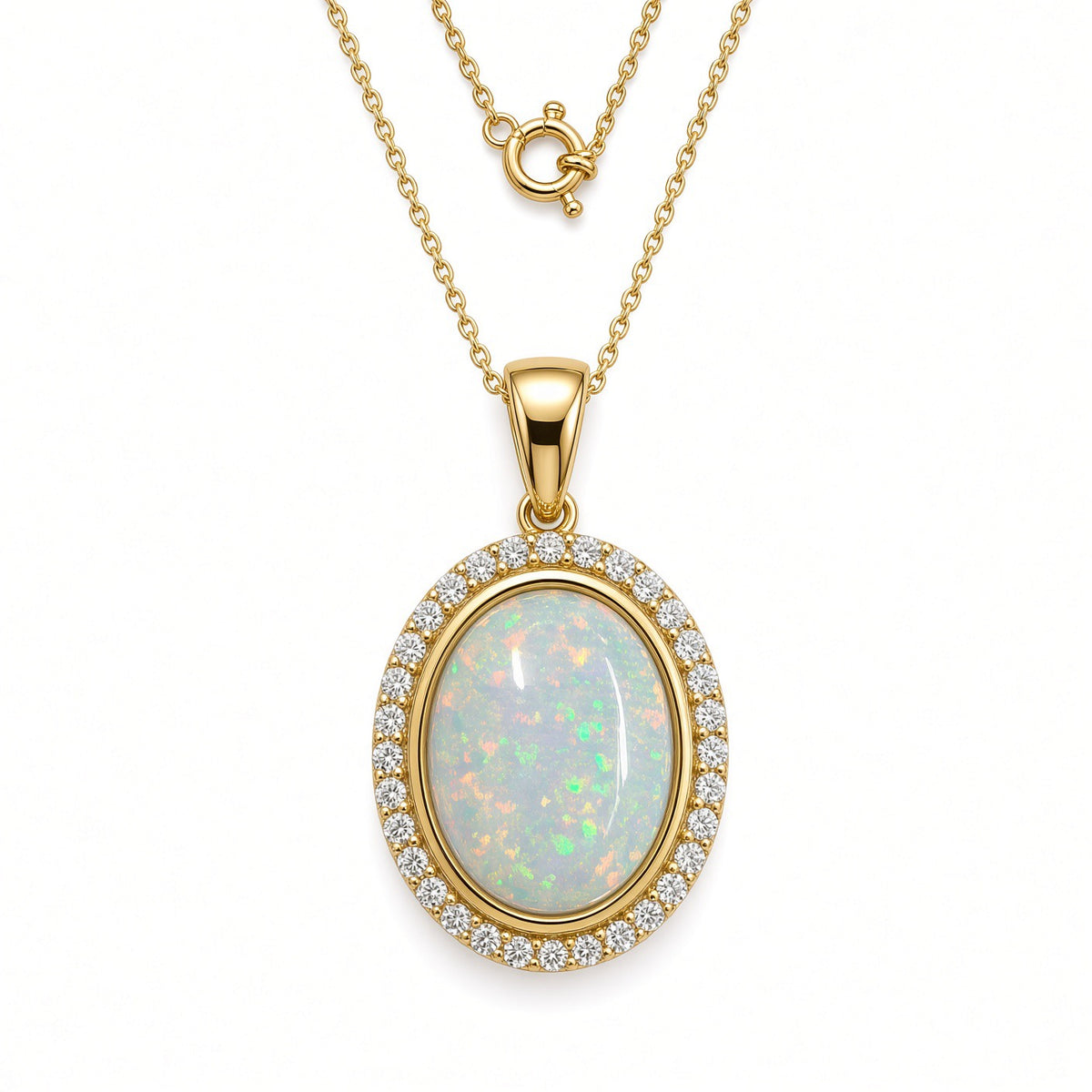 9ct Yellow Gold Synthetic Opal & Cubic Zirconia Pendant 17-18"