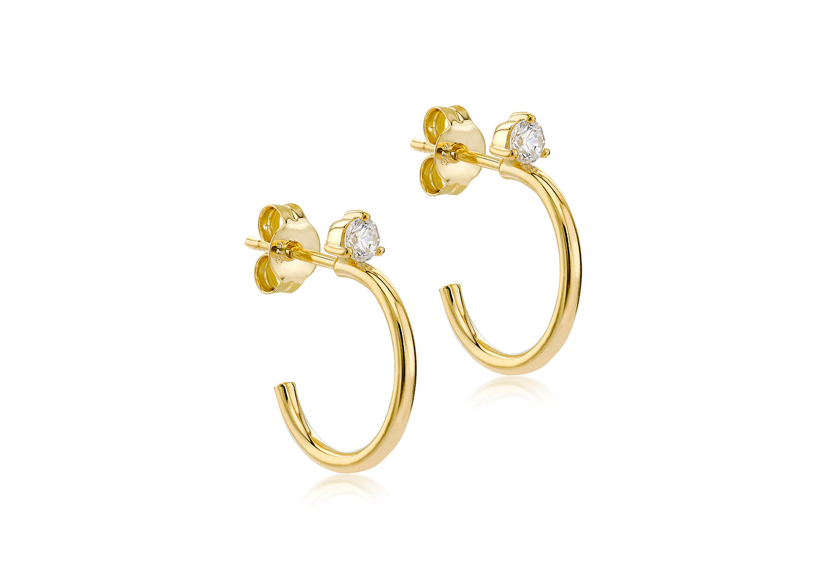 9ct Yellow Gold Half Hoop CZ Earrings 18mm
