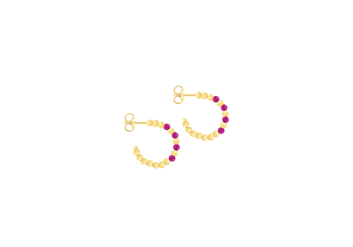 9ct Yellow Gold Beaded Half Hoop With Synthetic Red Corondum Earrings