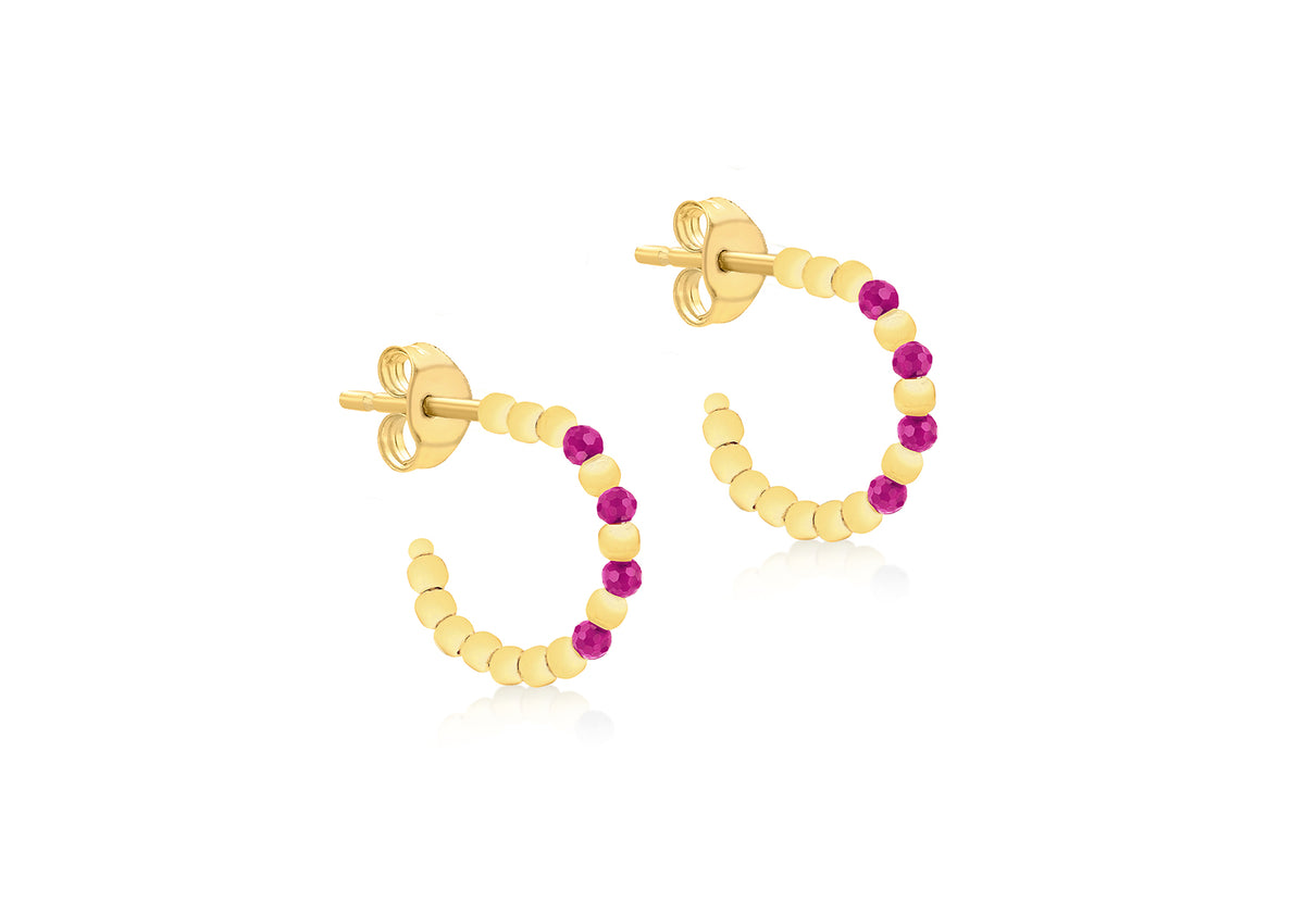 9ct Yellow Gold Beaded Half Hoop With Synthetic Red Corondum Earrings