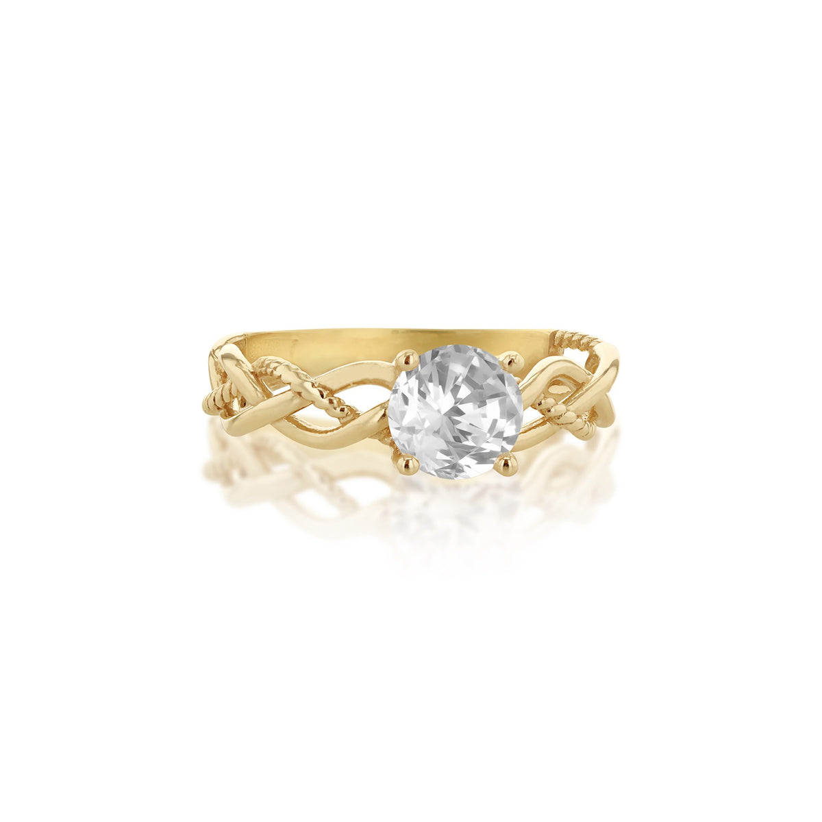 9ct Yellow Gold White Cubic Zirconia Plaited Solitaire Ring