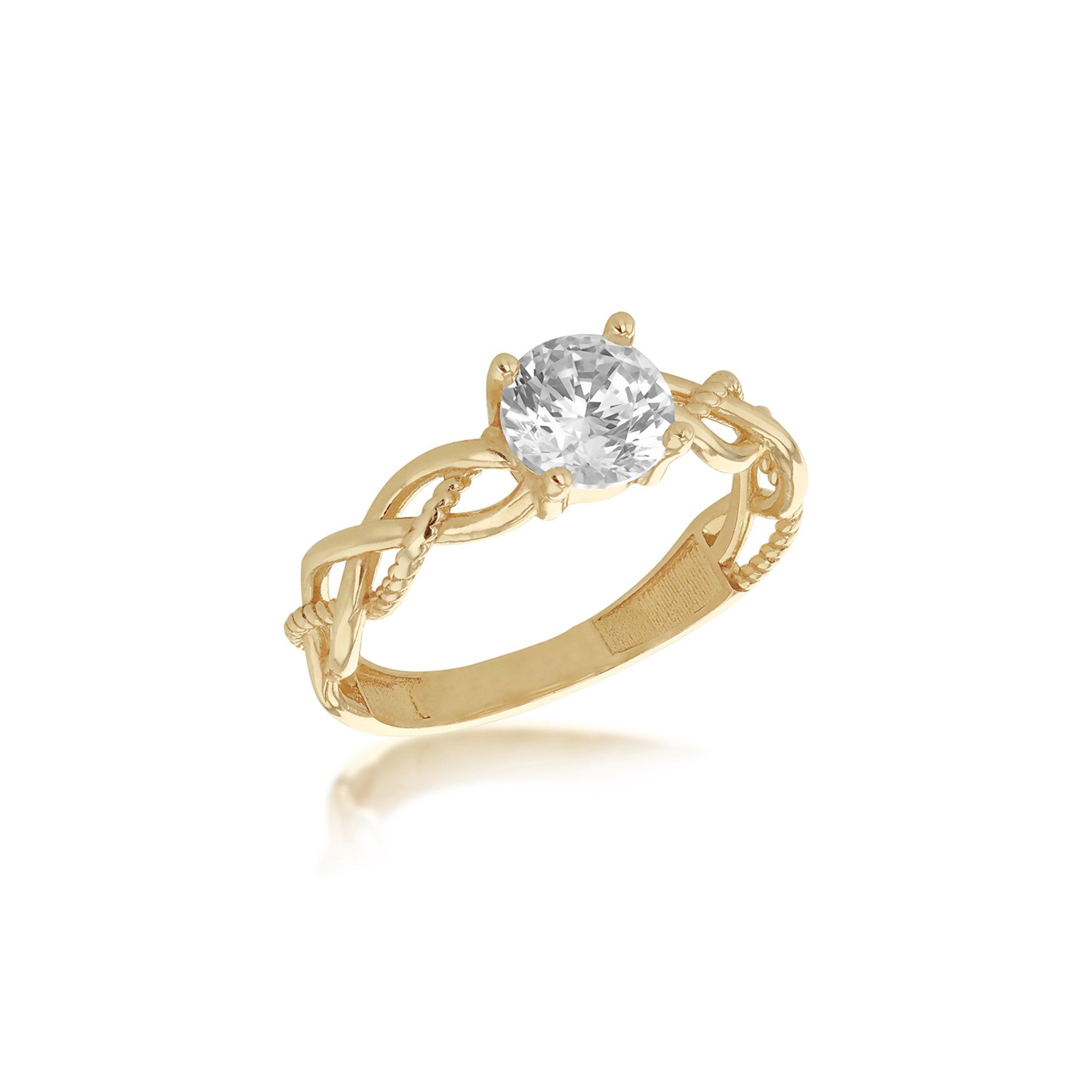 9ct Yellow Gold White Cubic Zirconia Plaited Solitaire Ring