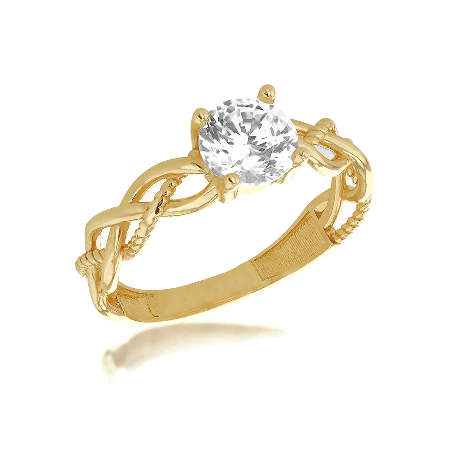 9ct Yellow Gold White Cubic Zirconia Plaited Solitaire Ring