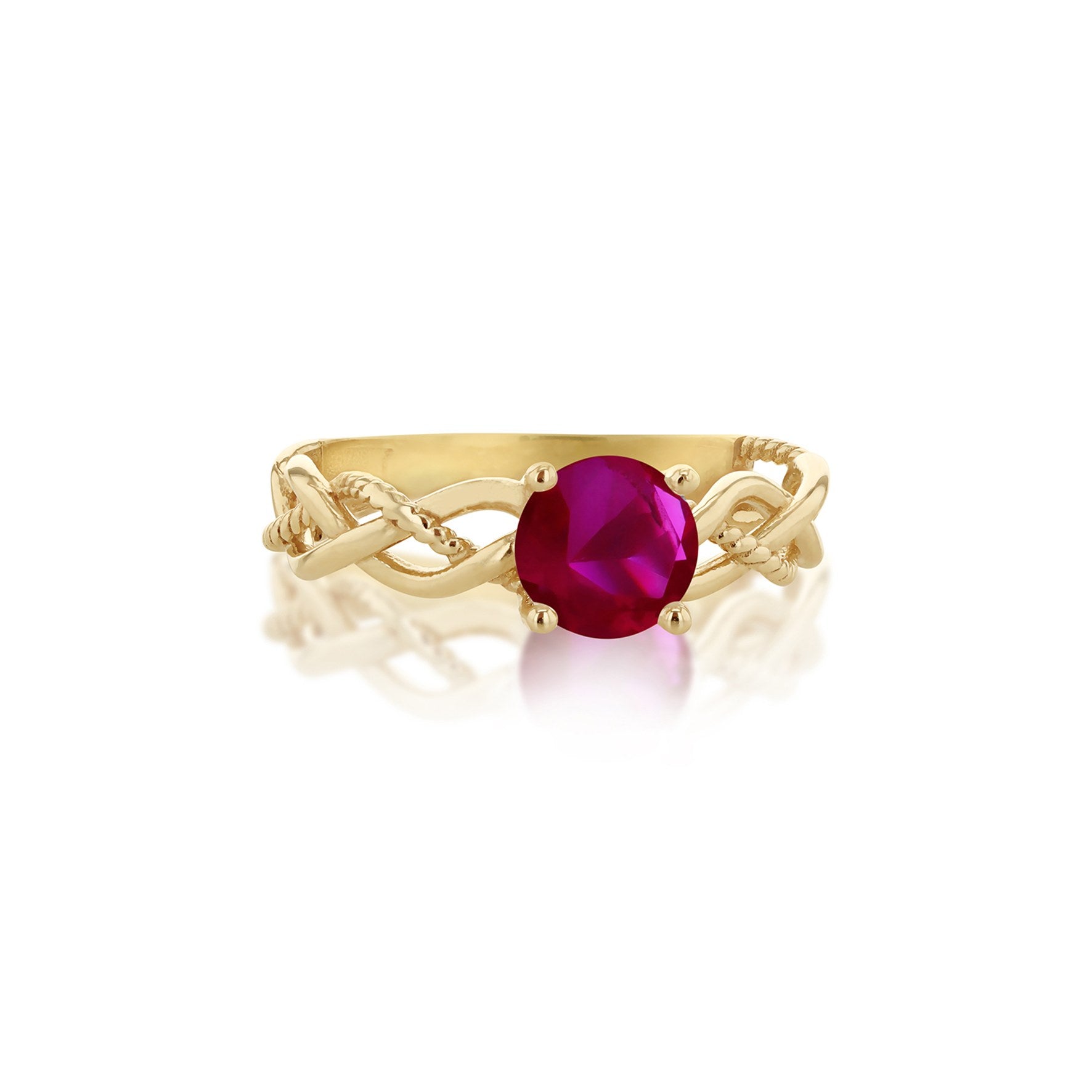 9ct Yellow Gold Red Cubic Zirconia Plaited Solitaire Ring