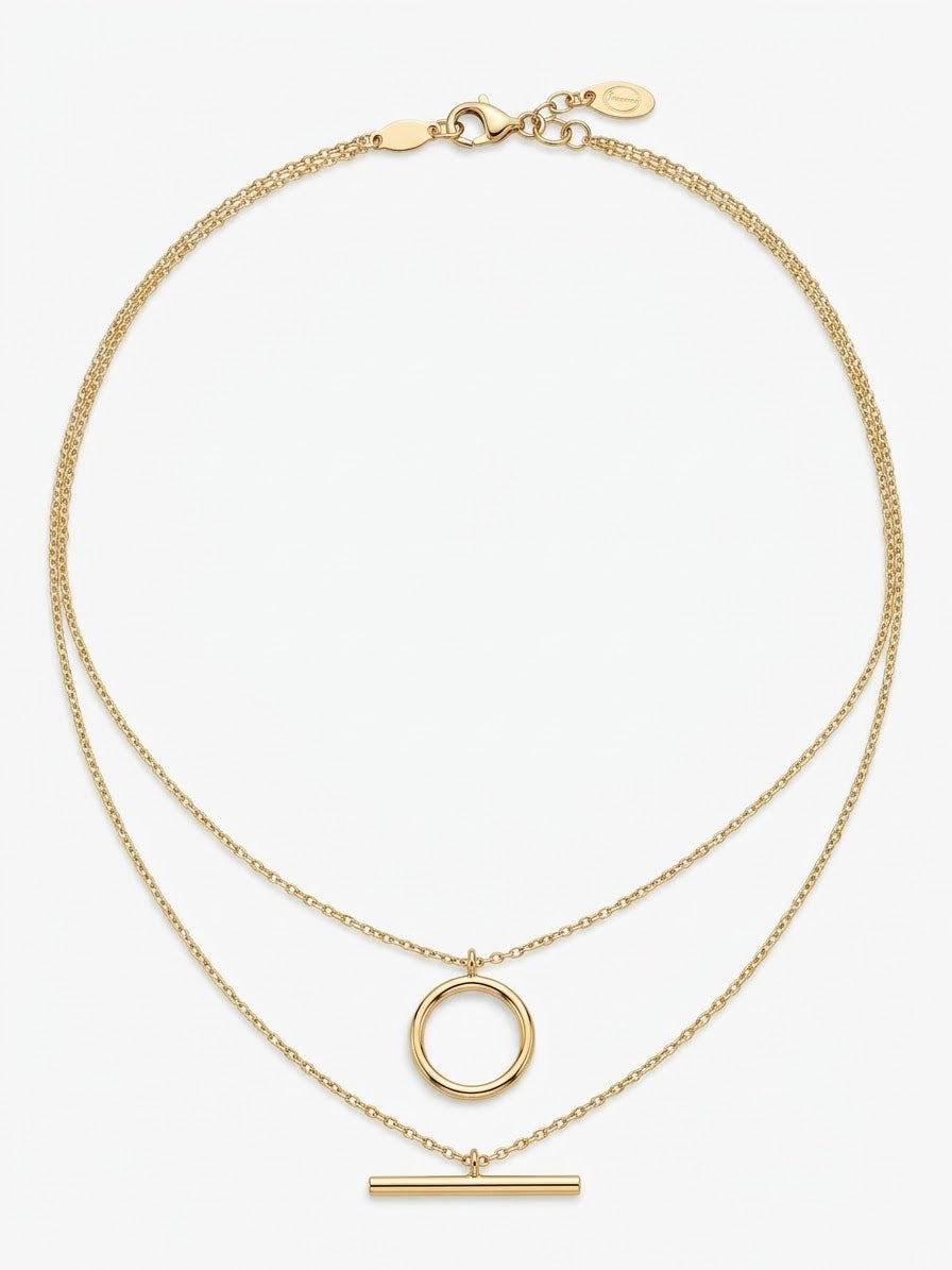 9ct Yellow Gold Two-Row T-Bar & Circle Necklace