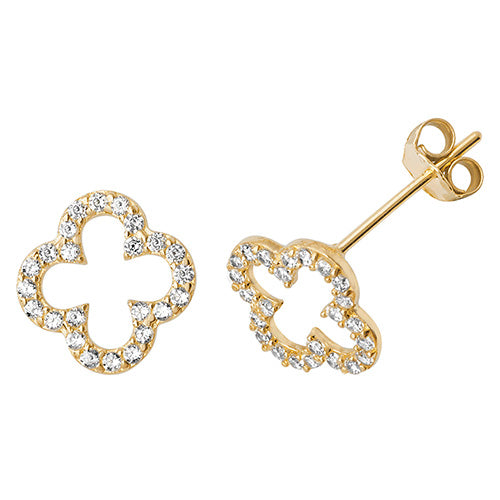 9ct Yellow Gold CZ Open Clover Stud Earrings