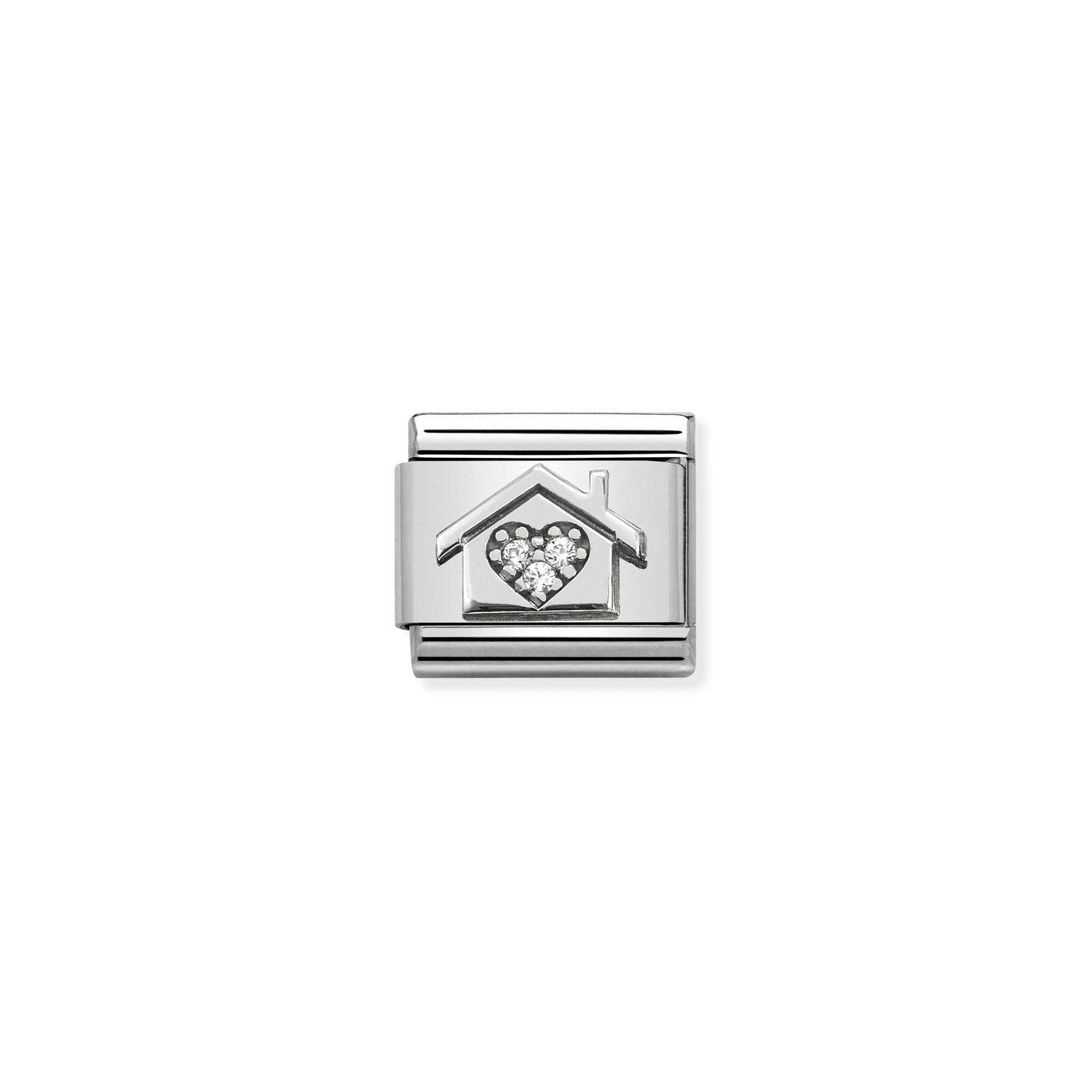 Nomination Composable Classic Home with Heart Charm - Stainless Steel & Oxidised Sterling Silver with Cubic Zirconia