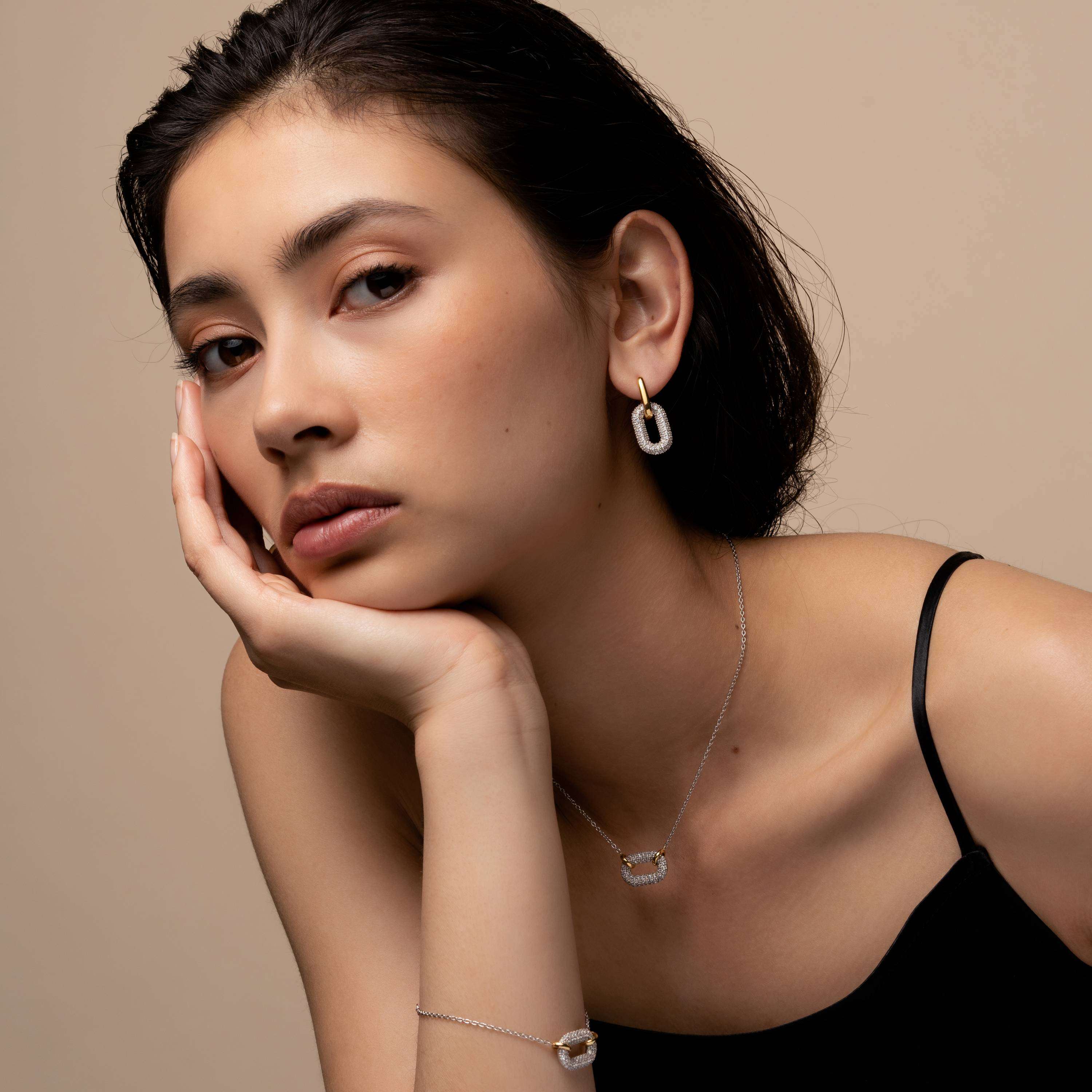 Ti Sento Sterling Silver & Yellow Gold Plated & Black Oval Link Cubic Zirconia Drop Charms Earrings