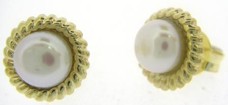 9ct Yellow Gold Rope Edge Fresh Water Pearl Stud Earrings