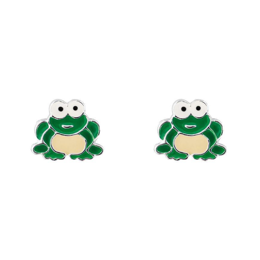 Sterling Silver Green & White/Cream Enamel Frog Stud Earrings