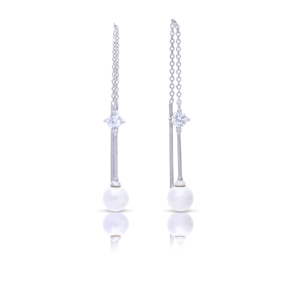Diamondfire Sterling Silver Shell Pearl with CZ & Chain Drop Earrings