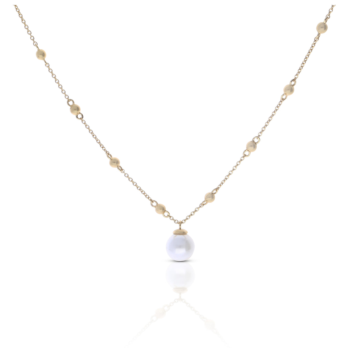 Diamondfire Sterling Silver Yellow Gold Plated Synthetic Shell Pearl Drop Ball Chain Necklace