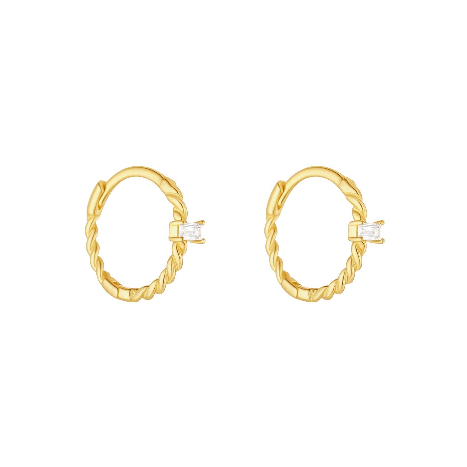 9ct Yellow Gold Twist Huggie Earrings with Baguette CZ