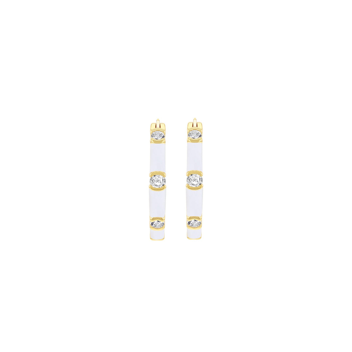 Sterling Silver Yellow Gold Plated White Enamel Cubic Zirconia Hoop Creole Earrings