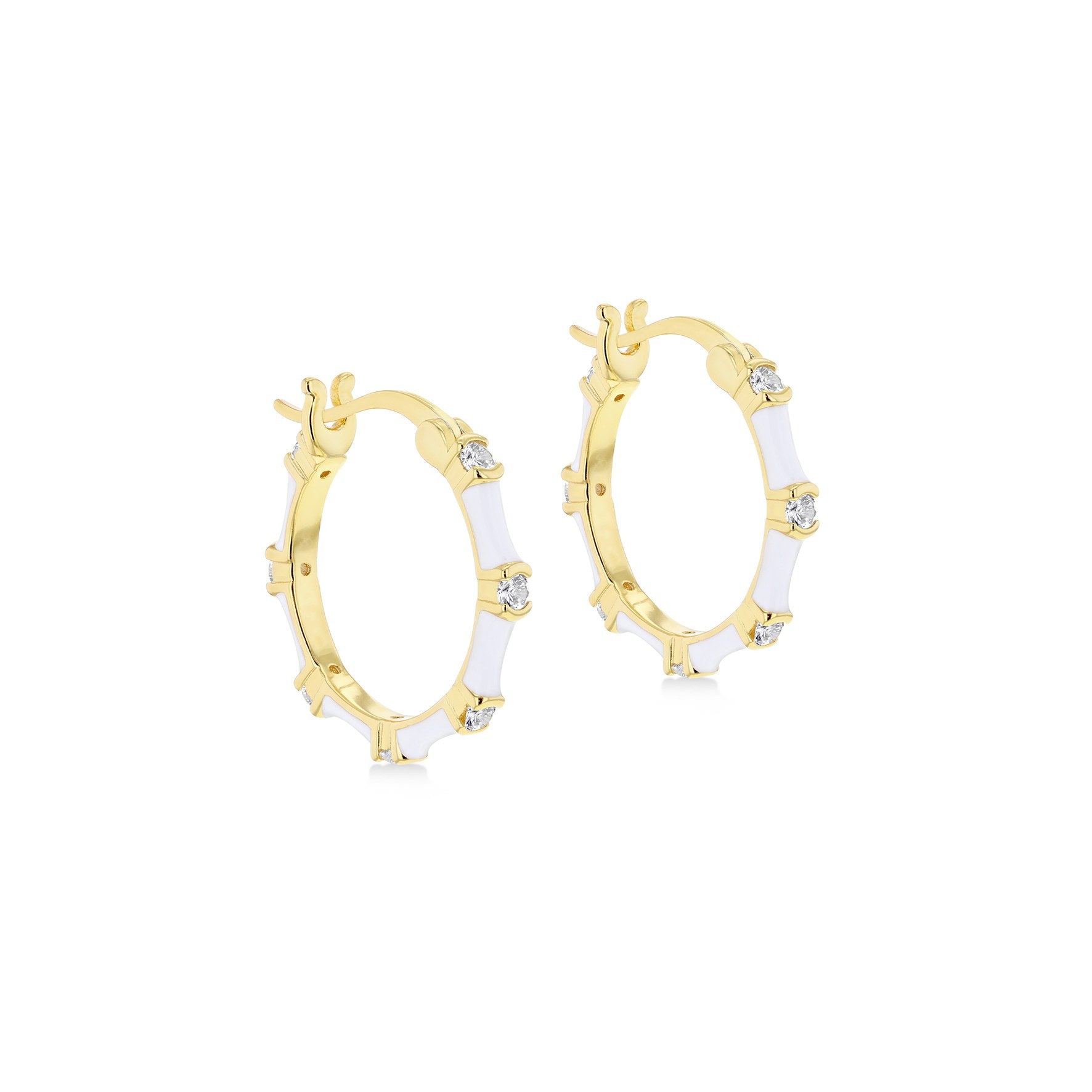 Sterling Silver Yellow Gold Plated White Enamel Cubic Zirconia Hoop Creole Earrings