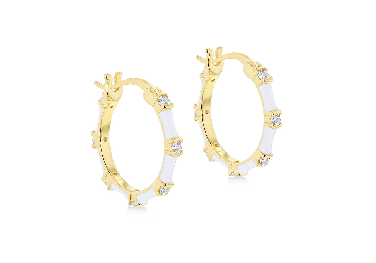Sterling Silver Yellow Gold Plated White Enamel Cubic Zirconia Hoop Creole Earrings